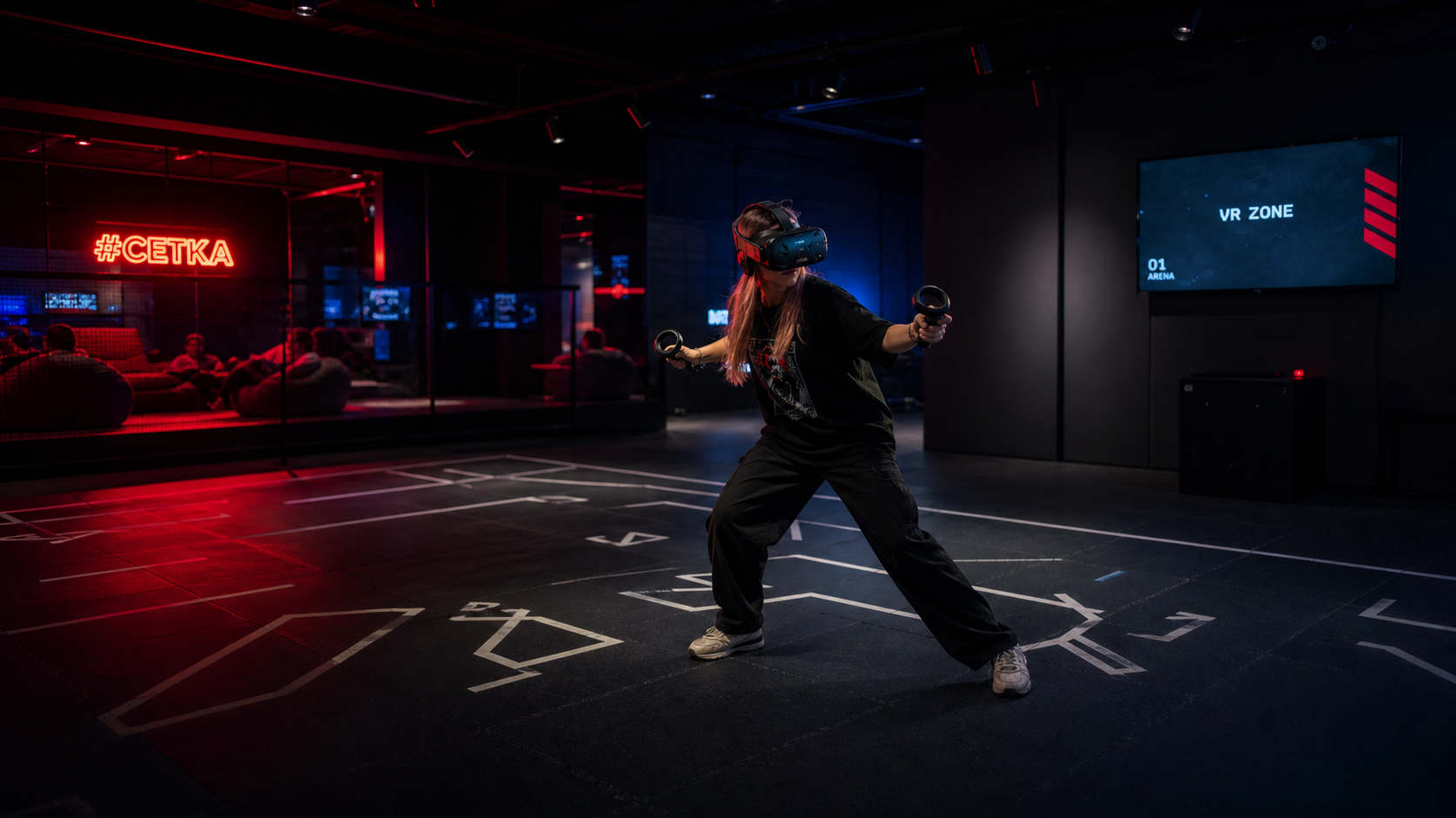 Игрок в VR-шлеме с контроллерами в синей подсветке